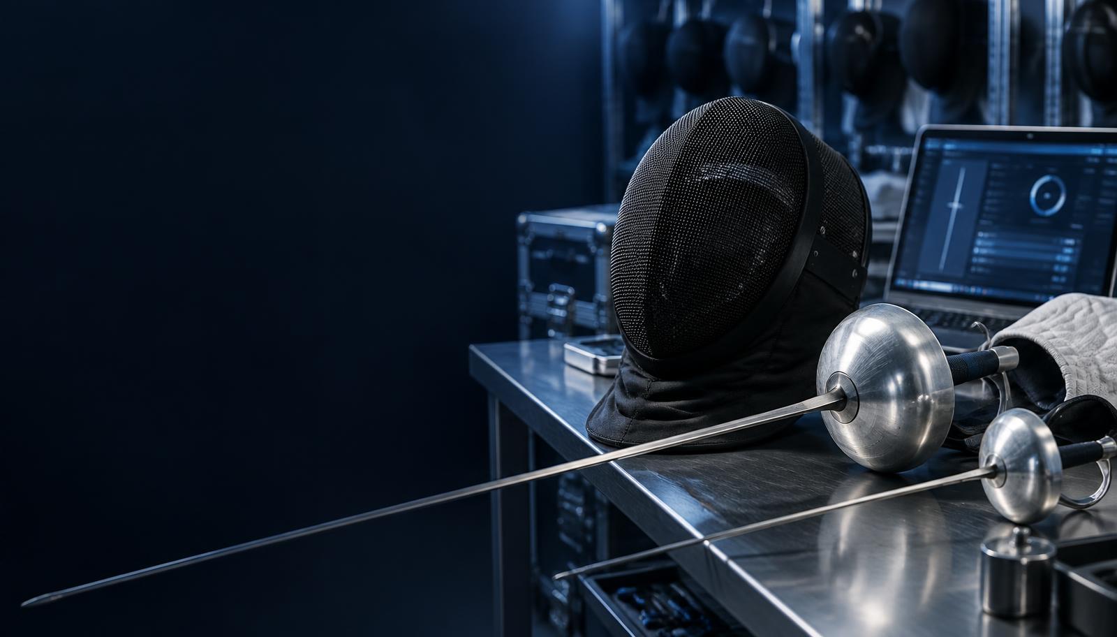 Fencing mask and weapons on an equipment-control bench